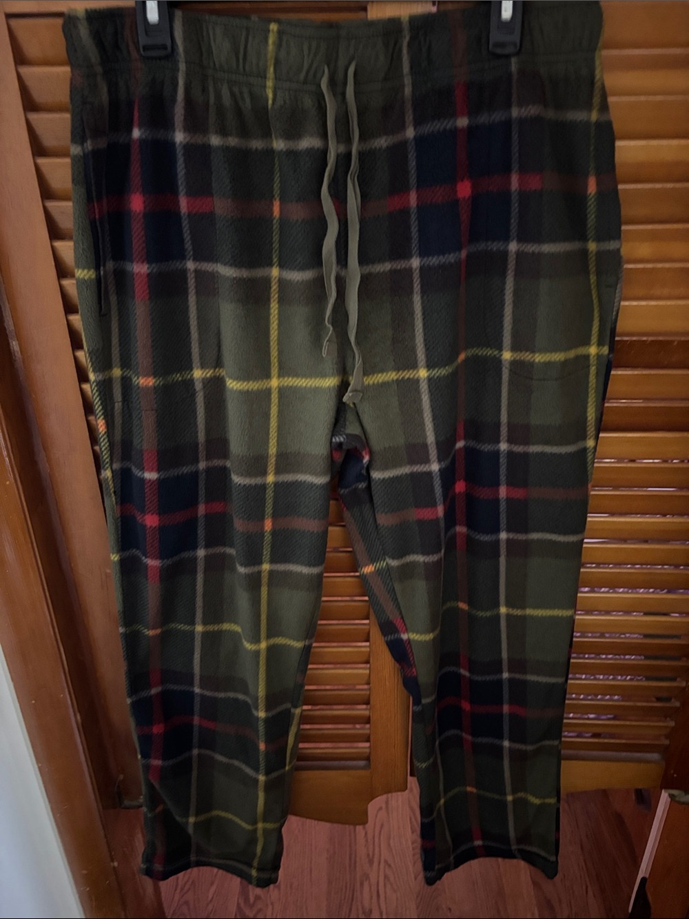 3 pair Cuddl Duds Olive Plaid Drawstring Joggers with Red & Yellow Lines